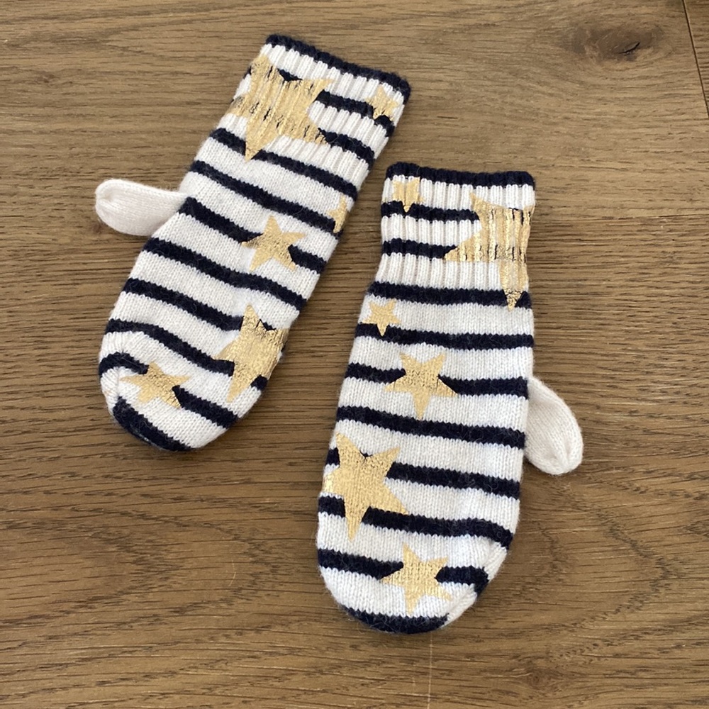 Crewcuts navy / Cream striped mittens with gold stars, Girls size S